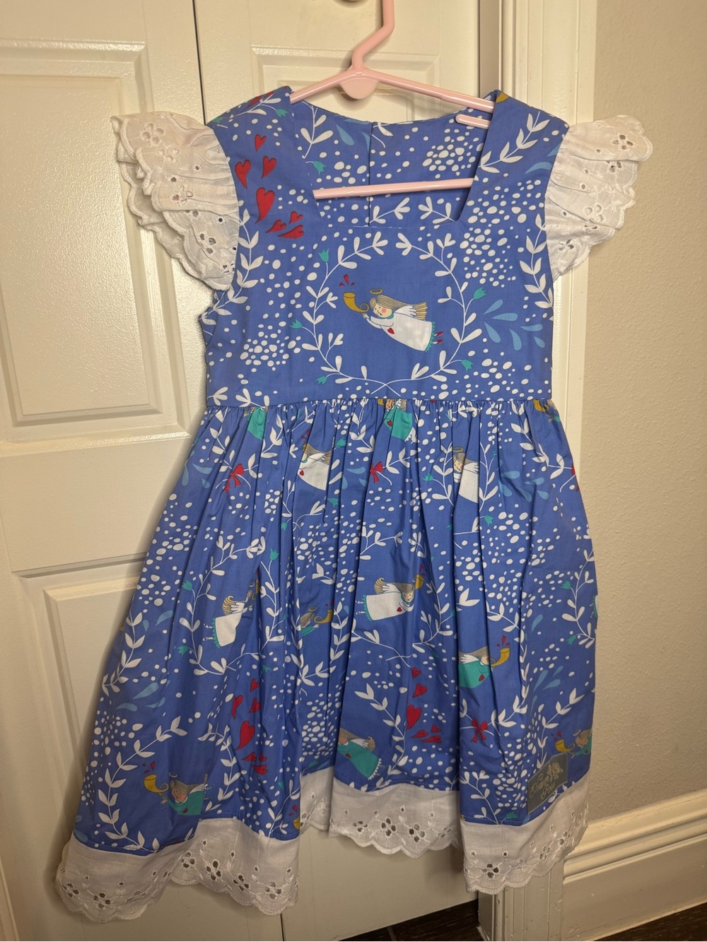 Eleanor Rose- Blue Angel Print Girls Dress with Eyelet Trim
